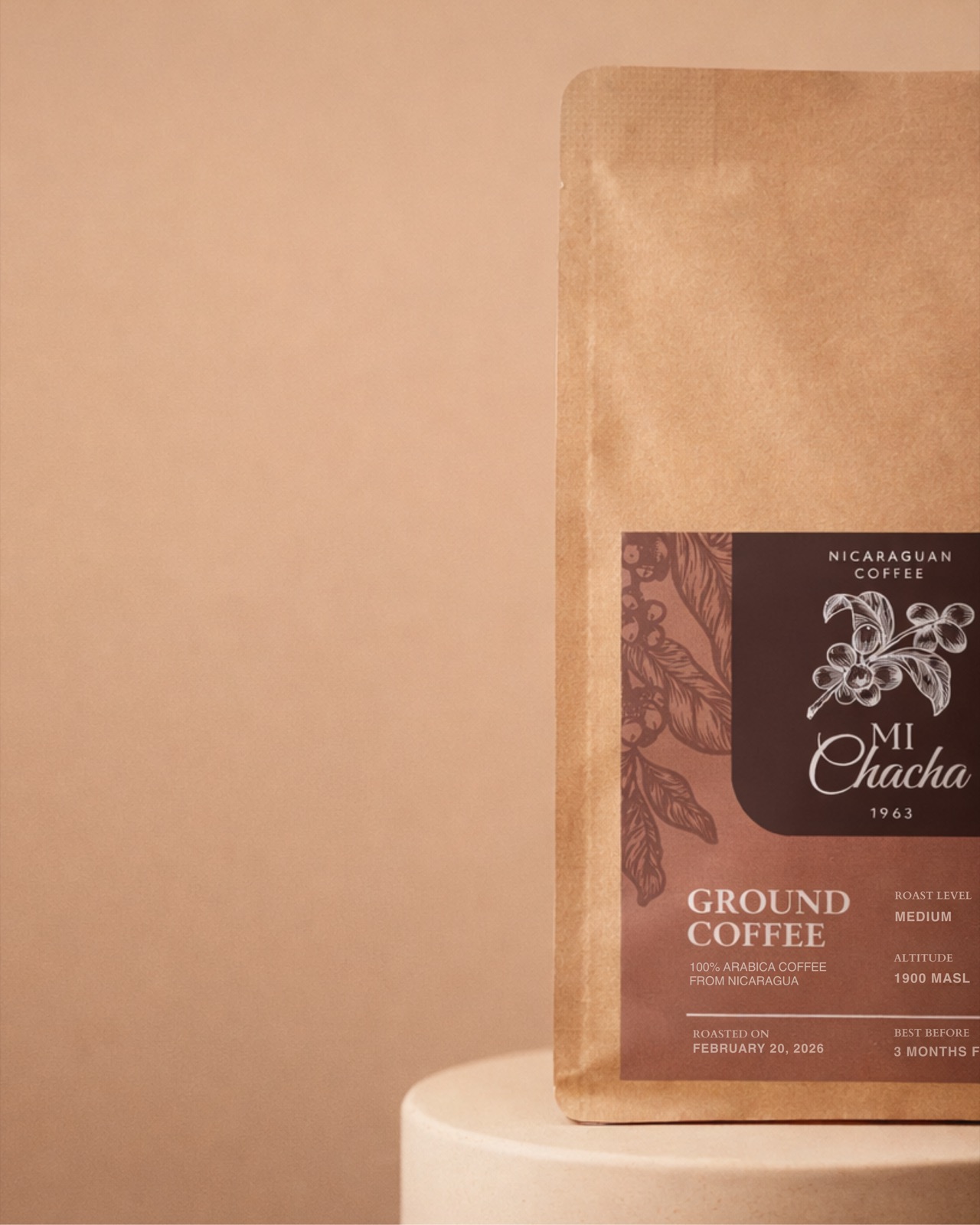 Close-up detail of Mi Chacha coffee bag